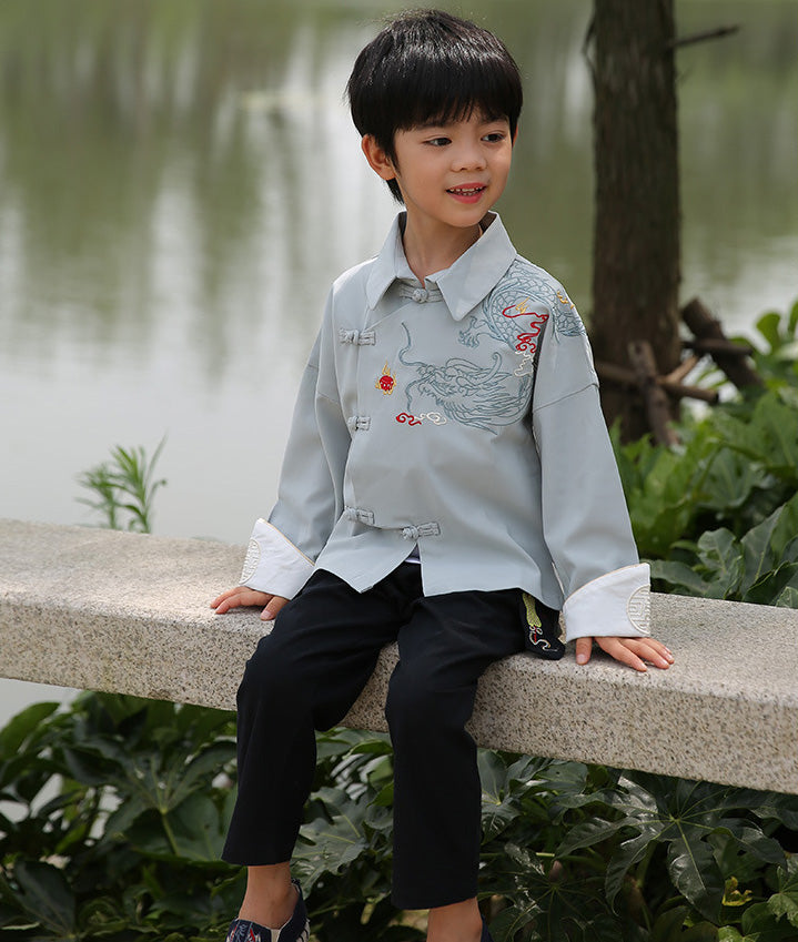 Dragon Embroidery Kid's Kung-fu Suit Traditional Chinese Suit with Lapel