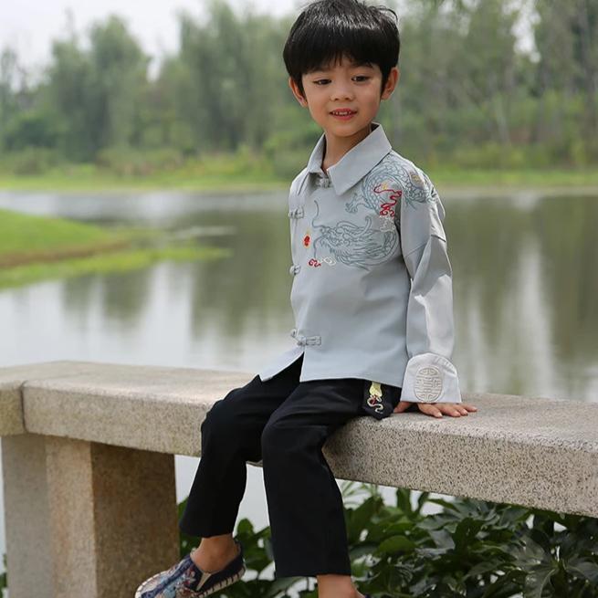 Dragon Embroidery Kid's Kung-fu Suit Traditional Chinese Suit with Lapel