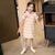 Vestido chino cheongsam con estampado de cuadros y cuadros para niños con borde de encaje