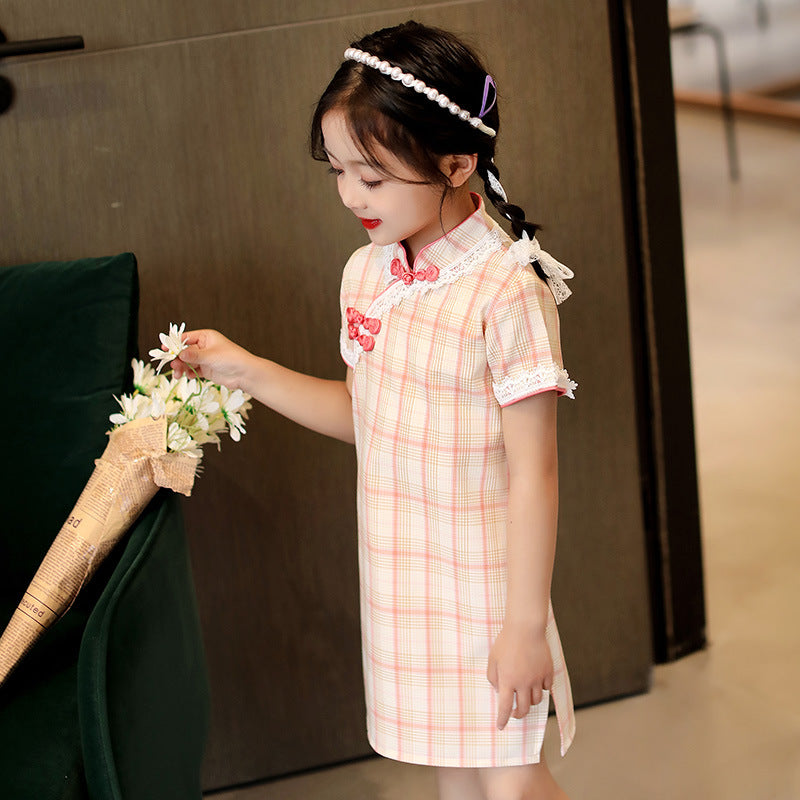 Plaids & Checks Pattern Kid's Cheongsam Chinese Dress with Lace Edge