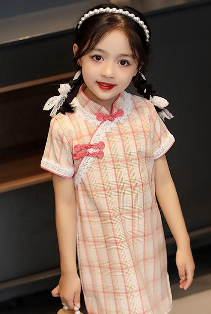 Plaids & Checks Pattern Kid's Cheongsam Chinese Dress with Lace Edge