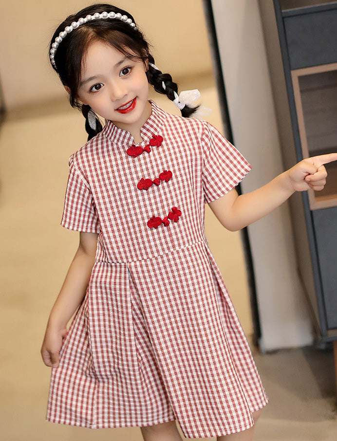 Mandarin Collar Cheongsam Top Plaids & Checks Pattern Girl's Chinese Dress