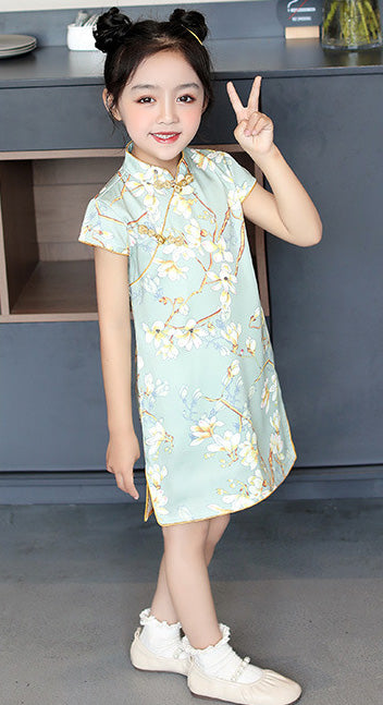 Cap Sleeve Mandarin Collar Floral Kid's Cheongsam Chinese Dress