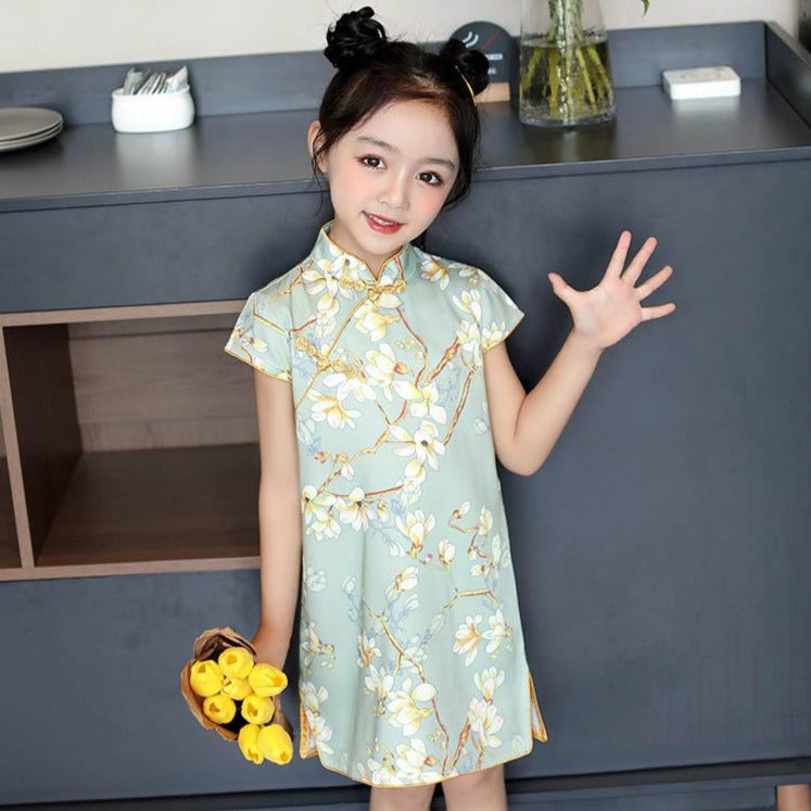 Cap Sleeve Mandarin Collar Floral Kid's Cheongsam Chinese Dress