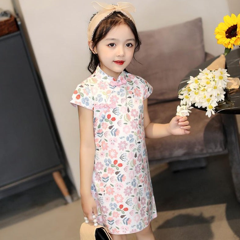 Stretchy Kid's Cheongsam Knee Length Floral Chinese Dress