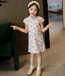 みんみん 3/4 Sleeve Mandarin Collar Knee Length Cheongsam Chinese Dress