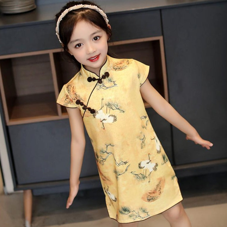 Cranes Pattern Stretchy Kid's Cheongsam Knee Length Chinese Dress
