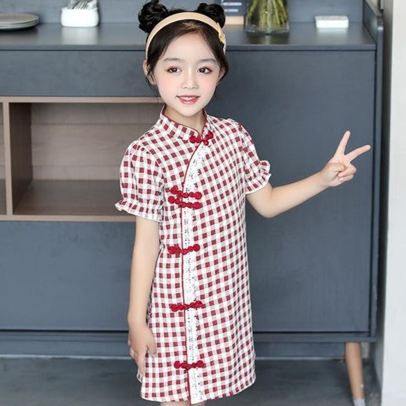 Kid's Cheongsam Plaids & Checks Chinese Dress with Lace Edge