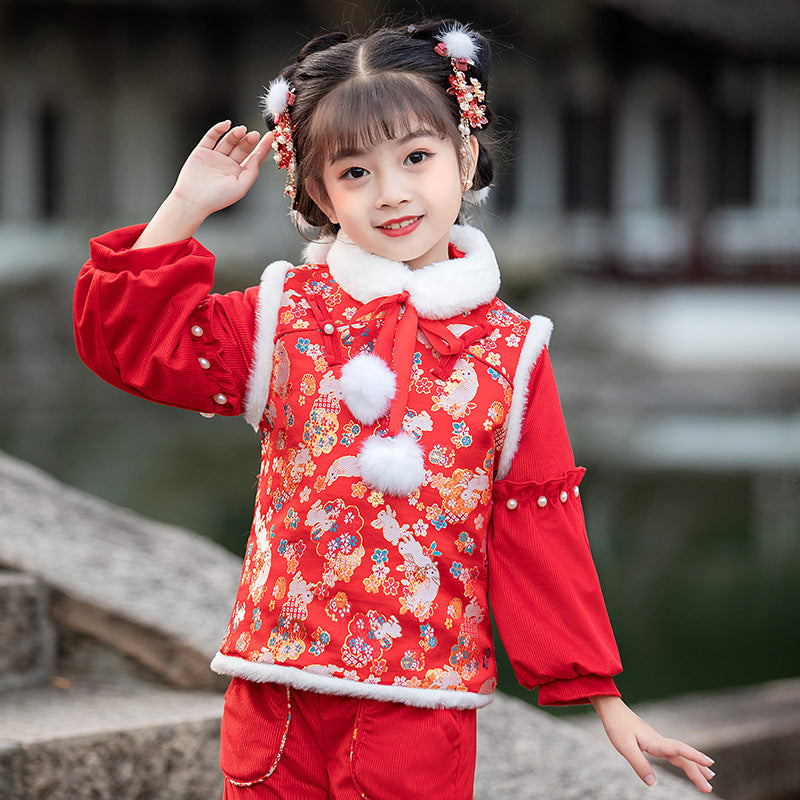 Floral Brocade Wadded  Waistcoat Girl's Traditional Chinese Suit