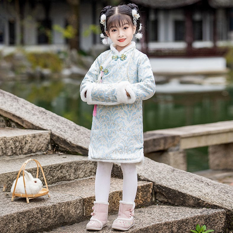 Floral Brocade Wadded Kid's Cheongsam Knee Length Chinese Dress