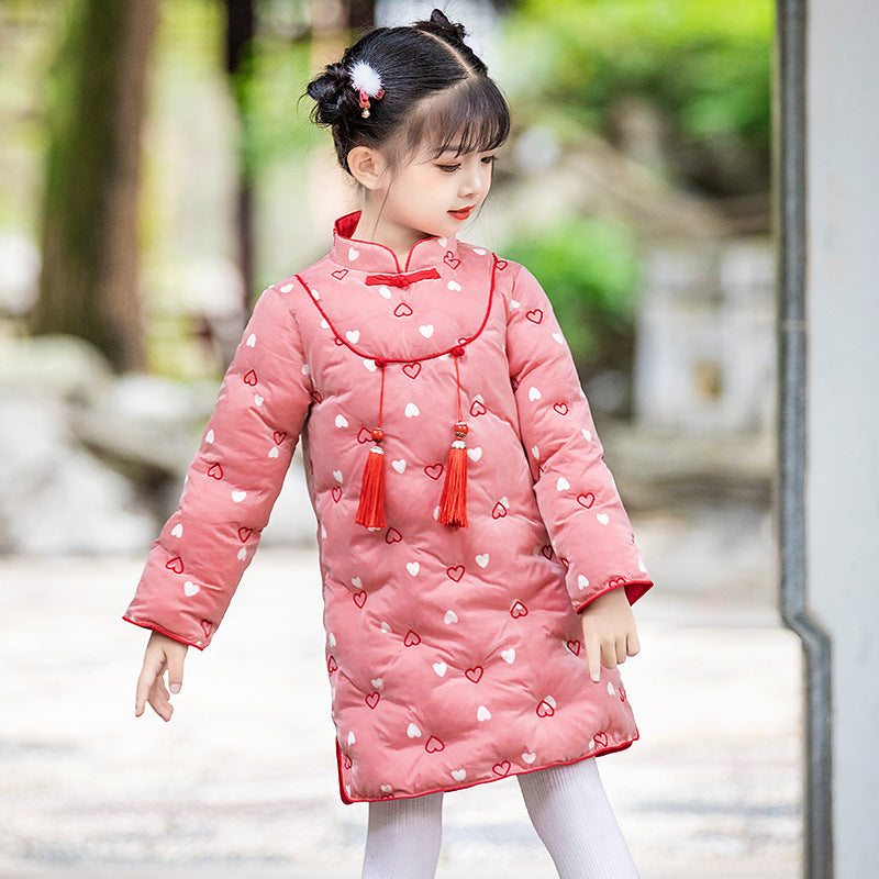 Sweetheart Pattern Wadded Kid's Cheongsam Chinese Dress with Tassels