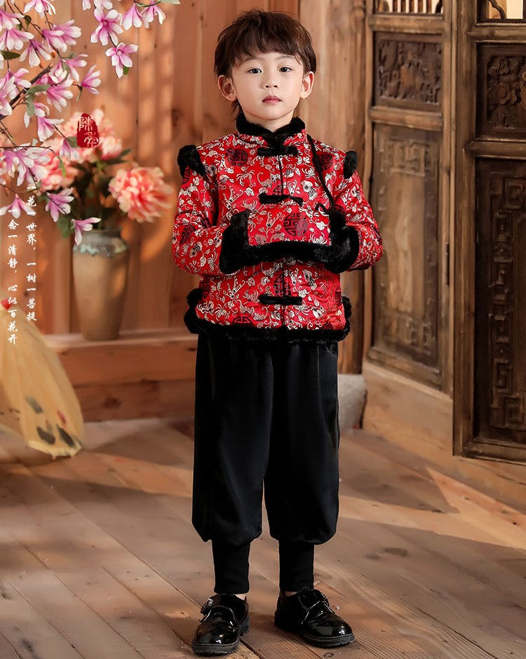 Floral Brocade Fur Edge Tradtional Chinese Style Boy's Wadded Suit
