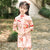 Half Sleeve Floral & Fans Pattern Kid's Cheongsam Knee Length Chinese Dress