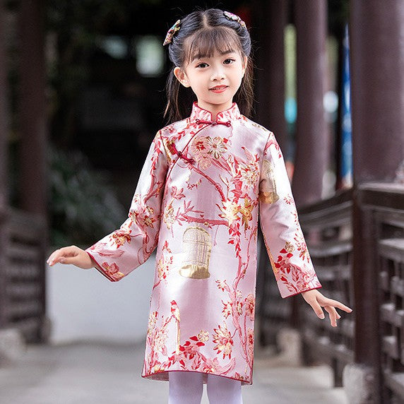 Long Sleeve Floral Brocade Kid's Cheongsam Knee Length Chinese Dress Long Sleeve Floral Brocade Kid's Cheongsam Knee Length Chinese Dress