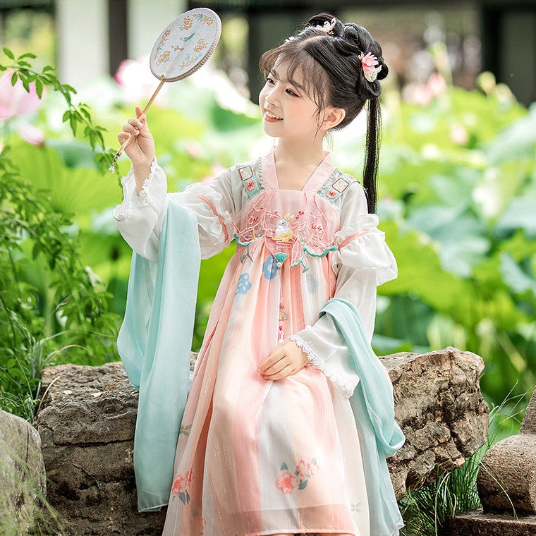 Long Sleeve Rabbit Embroidery Girl's Han Chinese Costume Princess Dress