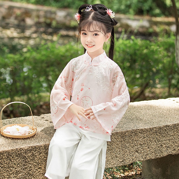 Embroidery Han Traditional Dress Long Sleeve Floral Embroidery 2-Pieces Han Costume Girl's Chinese Suit Pink Embroidery Han Traditional Dress Long Sleeve Floral Embroidery 2-Pieces Han Costume Girl's Chinese Suit Pink