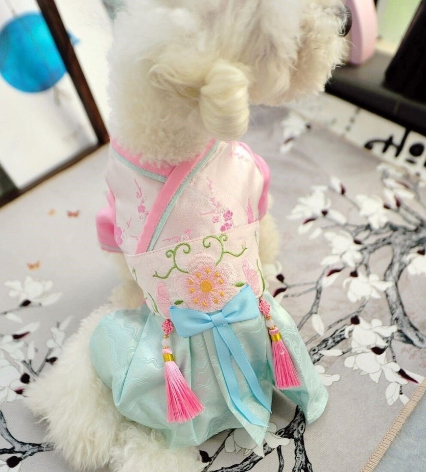 Floral Embroidery Traditional Chinese Hanfu Holiday Dress for Dog Teddy