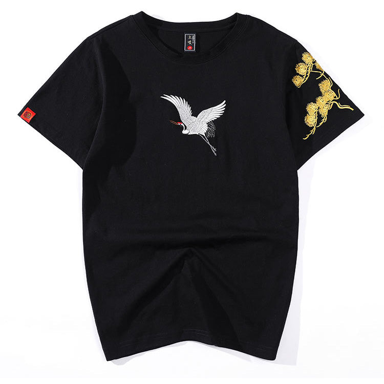 Pine & Crane Embroidery 100% Cotton Short Sleeve Unisex T-shirt