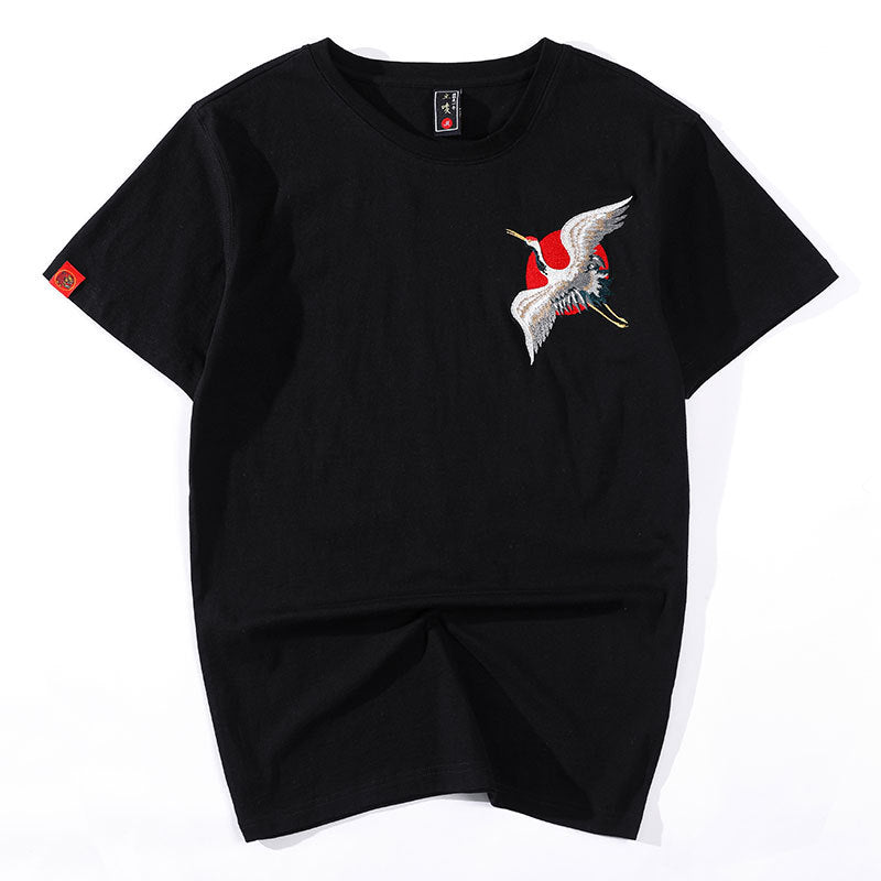 Crane Embroidery 100% Cotton Short Sleeve Unisex T-shirt