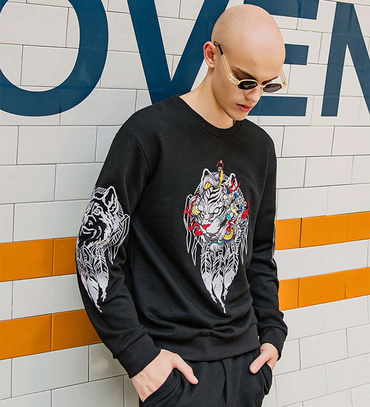 Tiger Face Embroidery Unisex Oriental Hoodie Cotton Sweatshirt