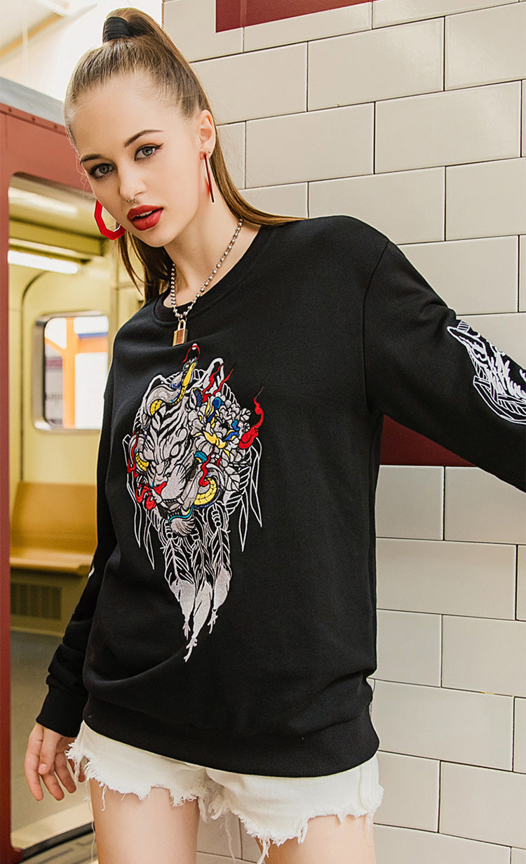 Tiger Face Embroidery Unisex Oriental Hoodie Cotton Sweatshirt