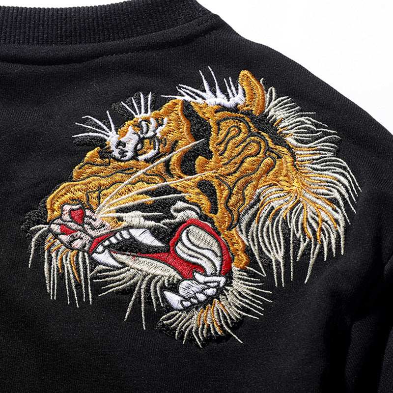 Double Tiger Heads & Fearless Pattern Unisex Oriental Hoodie Cotton Sweatshirt