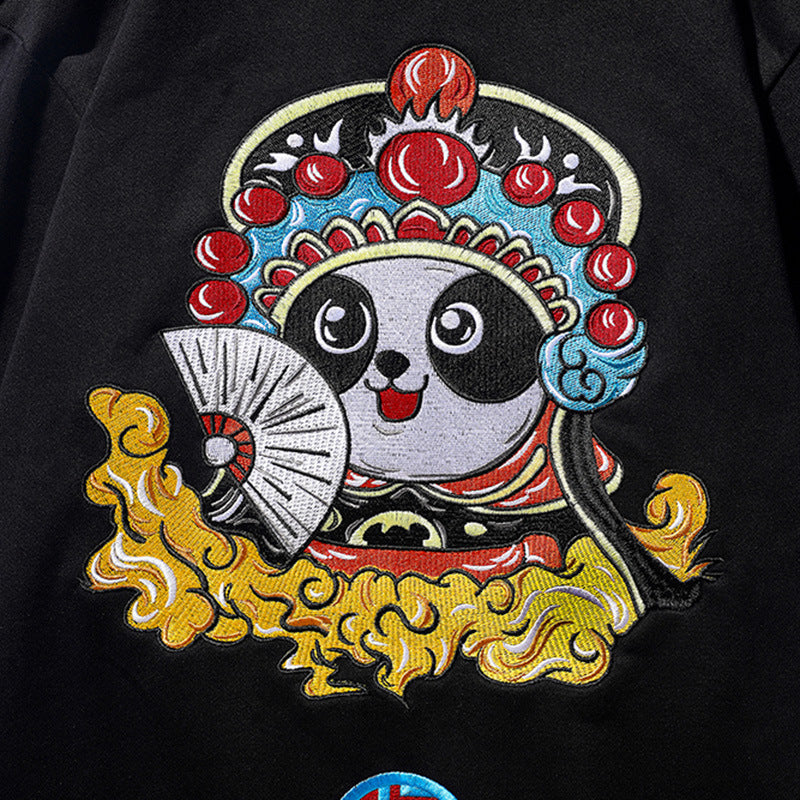 Panda Face Embroidery Unisex Oriental Hoodie Cotton Sweatshirt