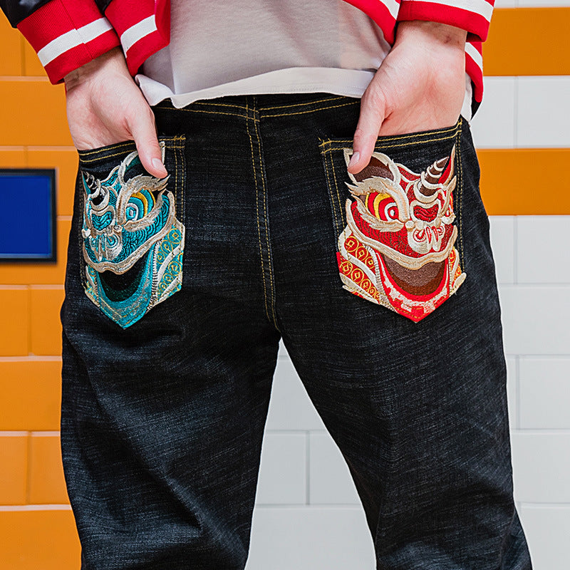 Lion Head Embroidery Oriental Style Jeans Straight-leg Pants