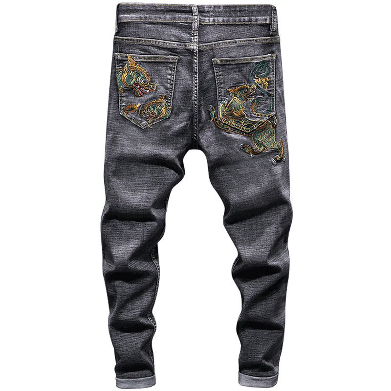Dragon Embroidery Oriental Style Jeans Straight-leg Pants