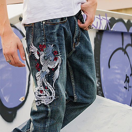 Phoenix Embroidery Oriental Style Jeans Straight-leg Pants