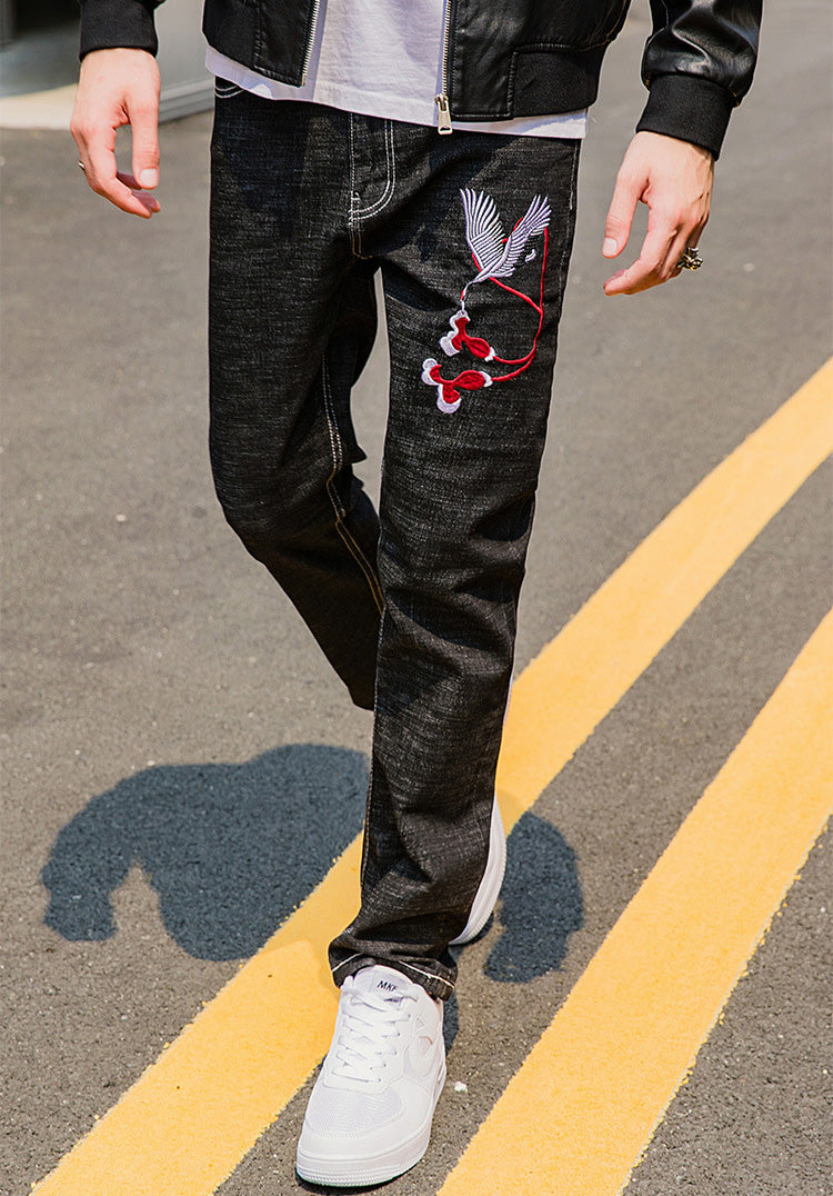Crane Embroidery Oriental Style Jeans Straight-leg Pants