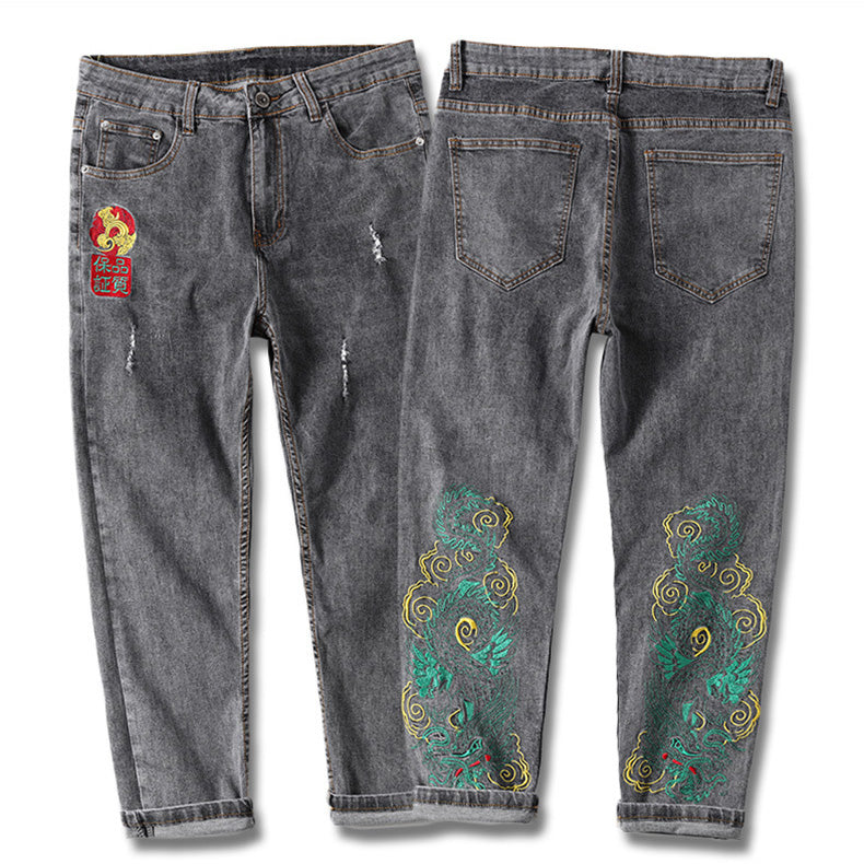 Azure Dragon Embroidery Oriental Style Jeans Straight-leg Pants