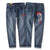 Pantalon droit en jean style oriental avec broderie carpe