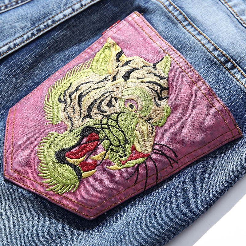 Tiger Head Embroidery Oriental Style Jeans Straight-leg Pants