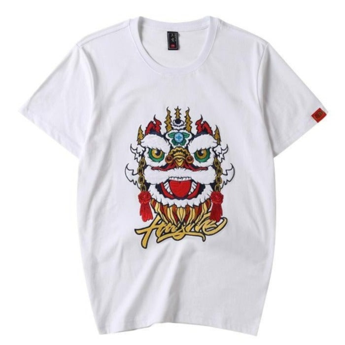 Lion Face Embroidery 100% Cotton Short Sleeve Unisex T-shirt
