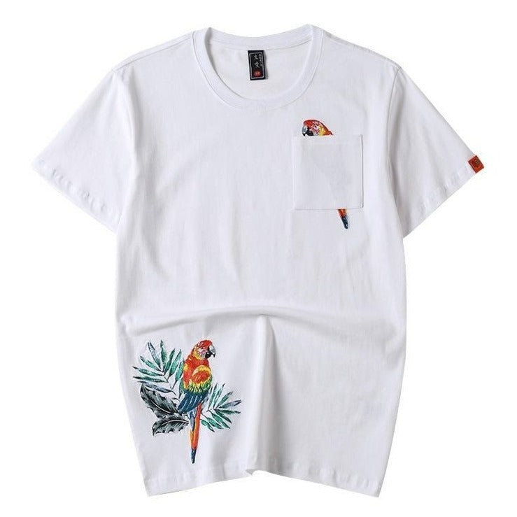 Parrot Embroidery 100% Cotton Short Sleeve Unisex T-shirt