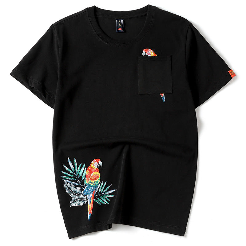 【CPGN STUDIO】Parrot Leaf Embroidery Short Sleeve T-shirt Parrot Embroidery 100% Cotton Short Sleeve Unisex T-shirt