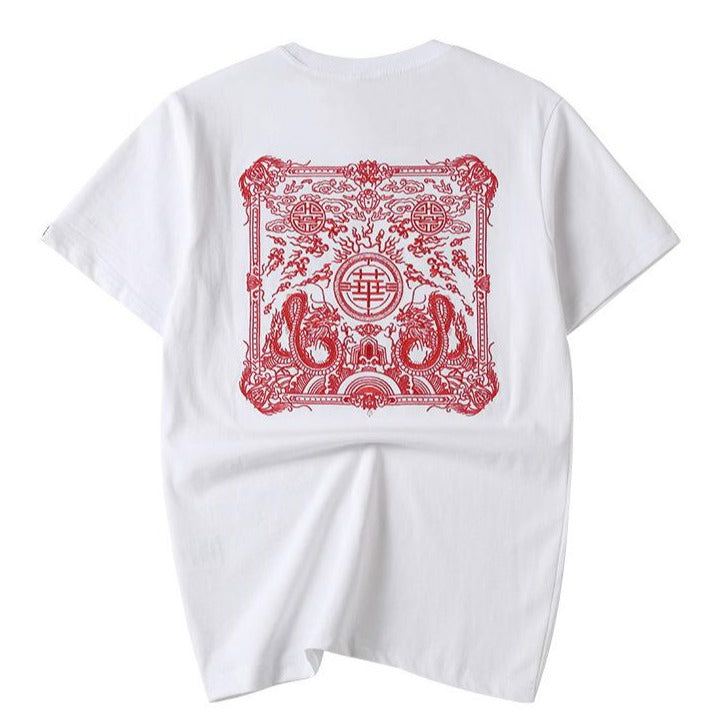 Chinese Auspicious Embroidery 100% Cotton Short Sleeve Unisex T-shirt