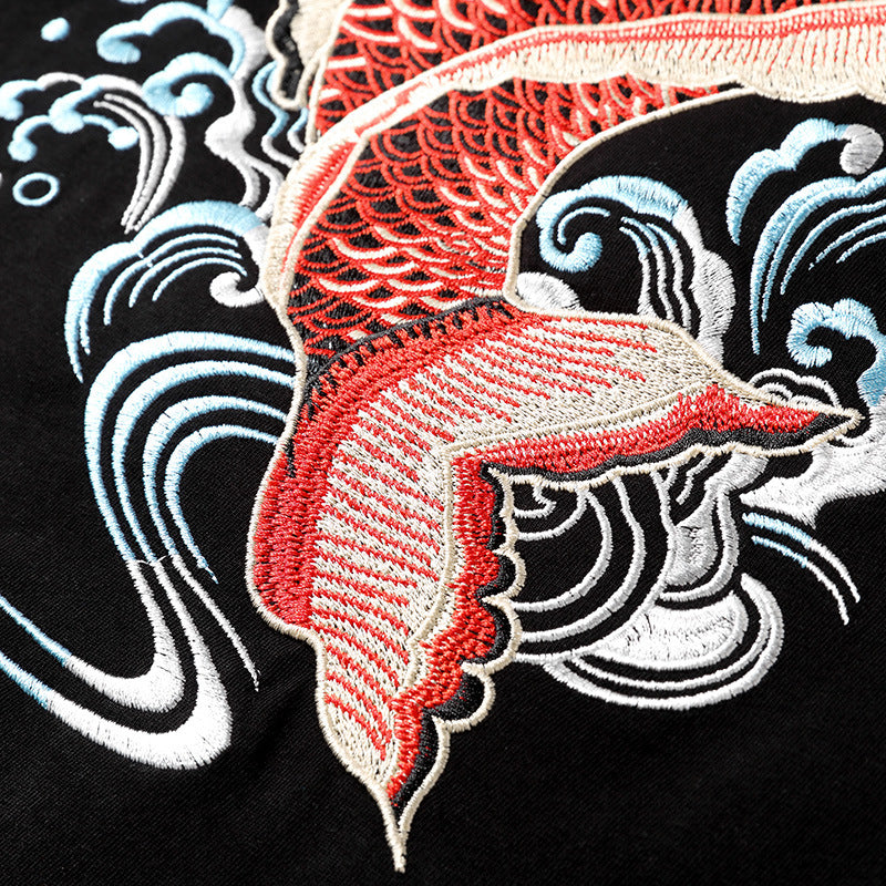 Mens Jeans Japanese Pattern Embroidery Denim Pants Dragon Carp Koi Fish  Flower