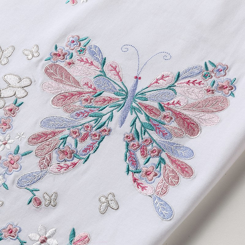 Butterfly Embroidery 100% Cotton Short Sleeve Unisex T-shirt