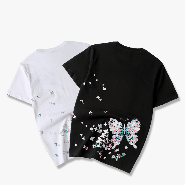 Butterfly Embroidery 100% Cotton Short Sleeve Unisex T-shirt