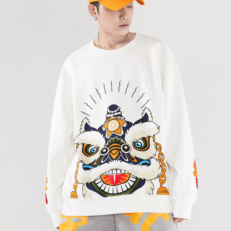 Lion Face Print Unisex Oriental Hoodie Cotton Sweatshirt