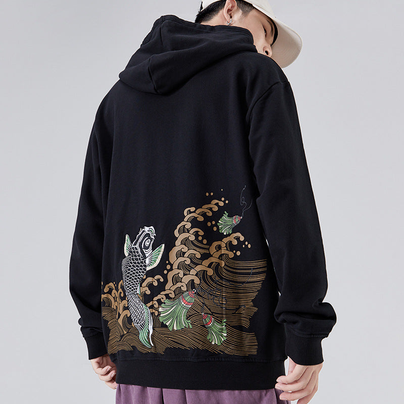Plus Size Cyprinus Print Unisex Oriental Hoodie Cotton Sweatshirt