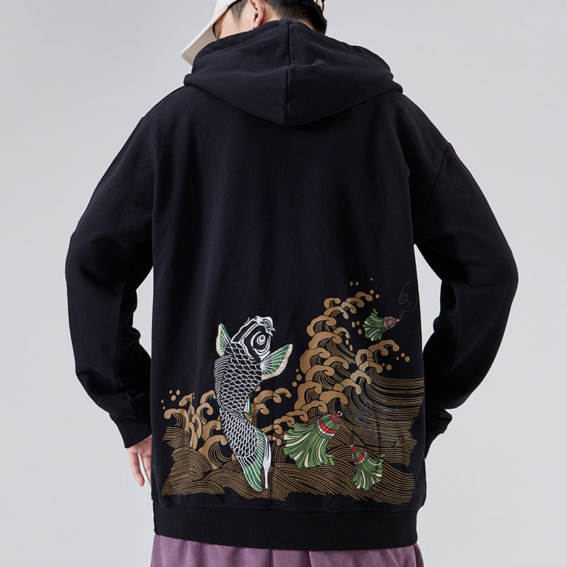 Plus Size Cyprinus Print Unisex Oriental Hoodie Cotton Sweatshirt