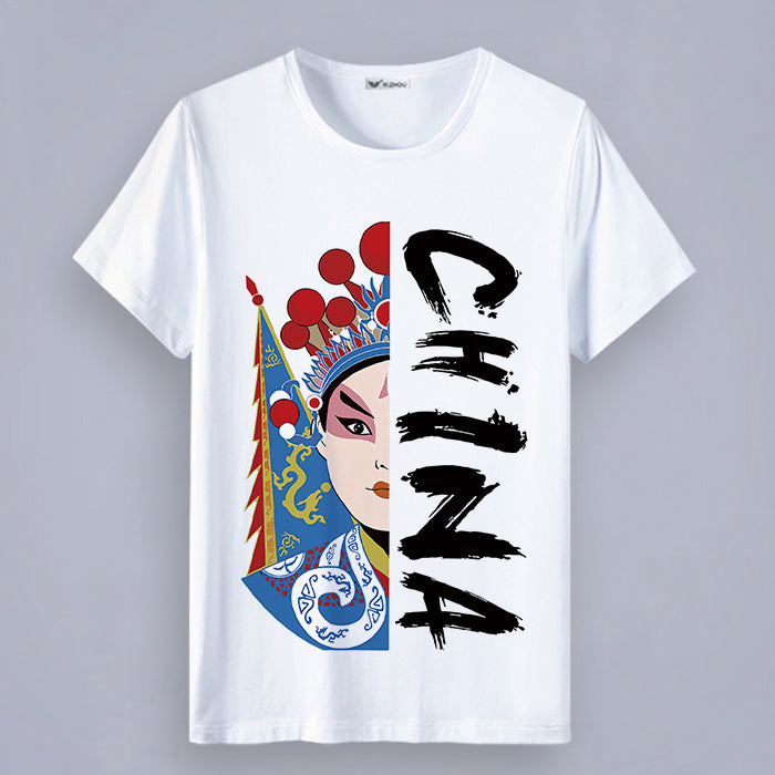 Round Neck Short Sleeve Peking Opera Themed Women's T-shirt
