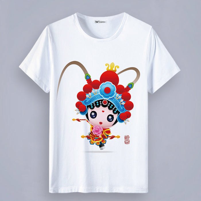 Round Neck Short Sleeve Peking Opera Themed Women's T-shirt