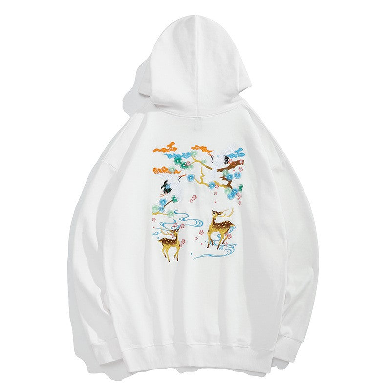 Crane & Deer Embroidery Unisex Oriental Hoodie Cotton Sweatshirt