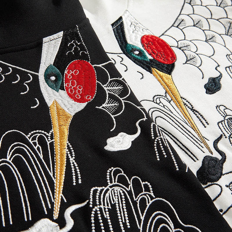 Crane Embroidery Unisex Oriental Hoodie Cotton Sweatshirt