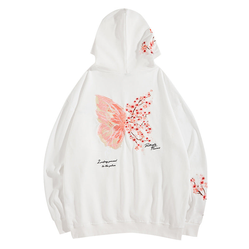 Butterfly Flower Embroidery Unisex Oriental Hoodie Cotton Sweatshirt