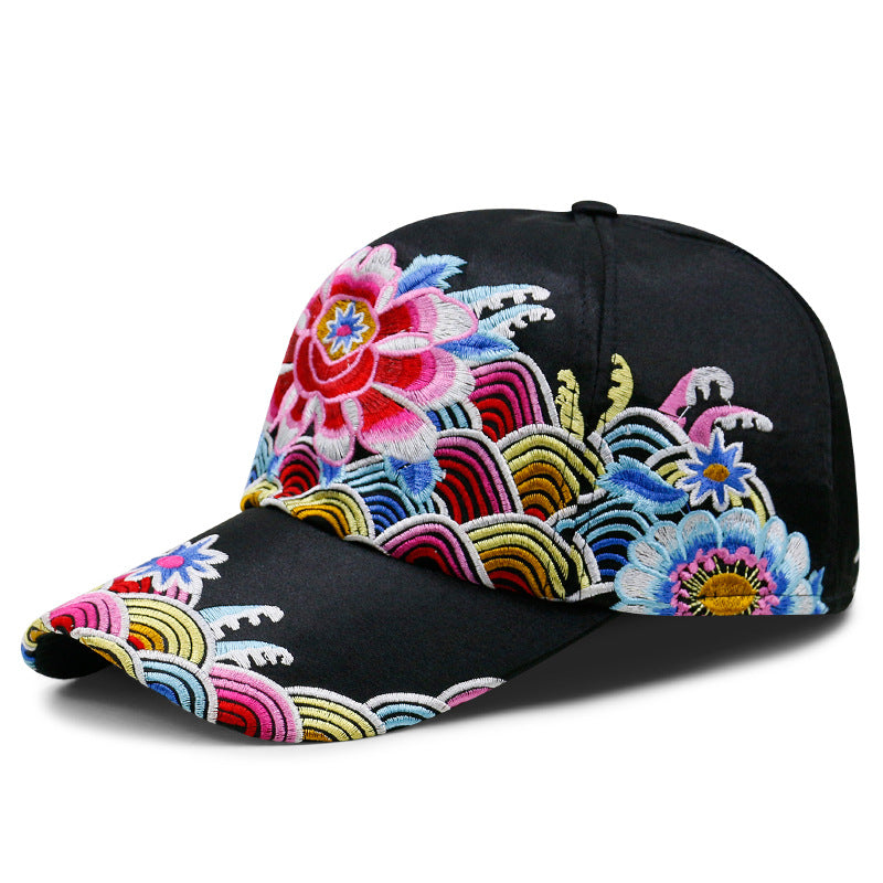 Wave & Floral Embroidery Unisex Oriental Snapback Baseball Cap